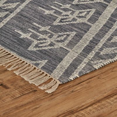 8' X 10' Gray Ivory And Blue Wool Geometric Dhurrie Flatweave Handmade Area Rug With Fringe