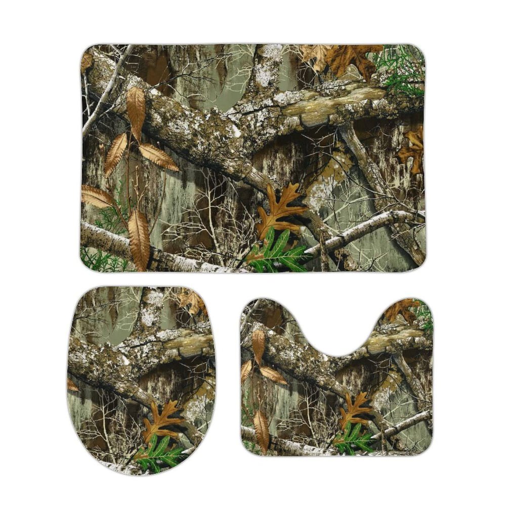 SEPTYK Autumn Hunting Tree Camo Pattern Bathroom Rugs Sets 3 Piece Absorbent Soft Non-Slip Bath Mat U-Shaped Pad and Toilet Lid Cover Washable Bathroom Decoration 19.7"x31.5"