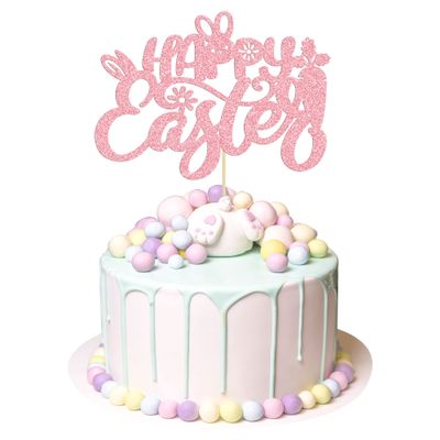 1Pc Happy Easter Cake Topper Pink Glitter Rabbit Carrot Cake Food Pick Bunny Cake Decorations for Happy Easter Themed Baby Shower Kids Birthday Party Supplies