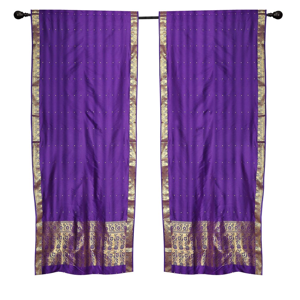 2 Lined Boho Purple Indian Sari Curtains Rod Pocket Window Drapes -43W x 63L