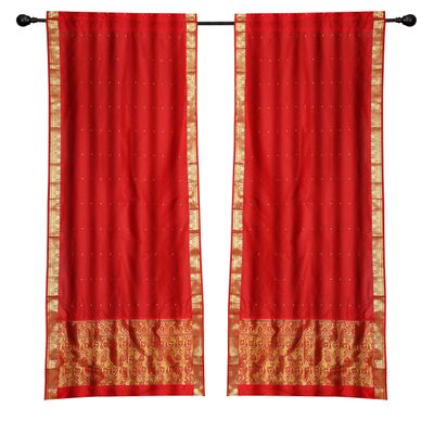 2 Lined Boho Red Indian Sari Curtains Rod Pocket Window Drapes -43W x 96L
