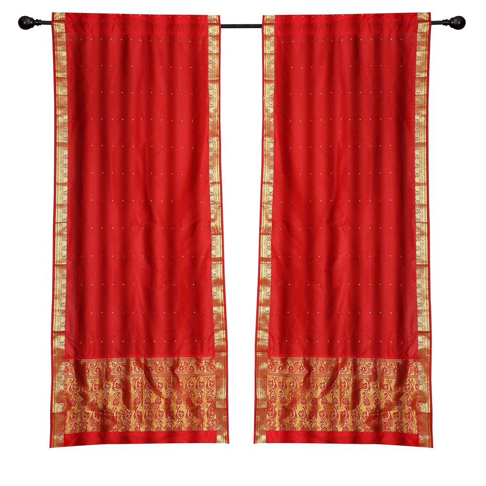2 Lined Boho Red Indian Sari Curtains Rod Pocket Window Drapes -43W x 96L