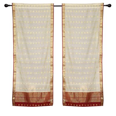 2 Lined Cream Bohemian Indian Sari Curtains Rod Pocket Living Room -43W x 108L