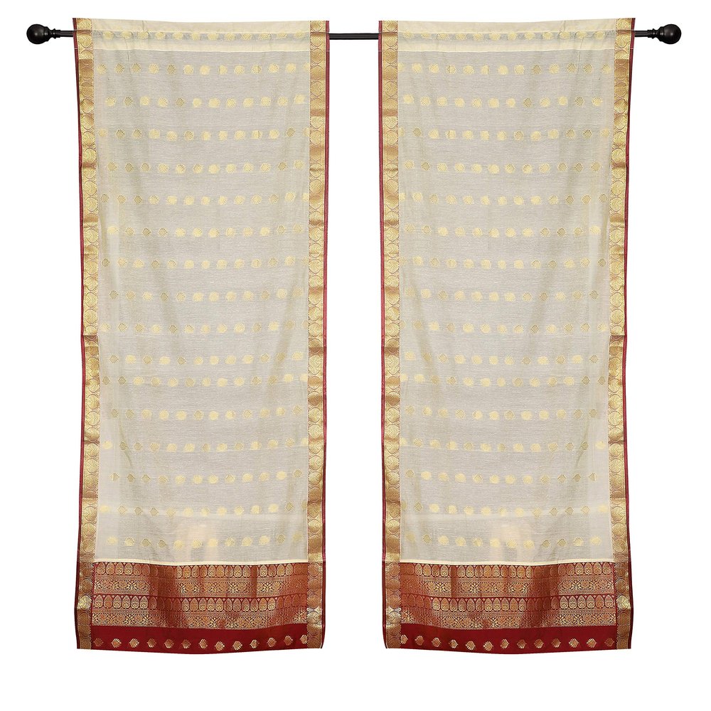 2 Lined Cream Bohemian Indian Sari Curtains Rod Pocket Living Room -43W x 108L