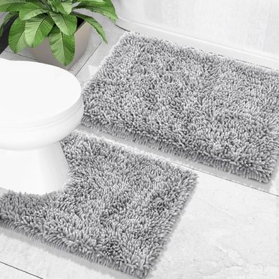 Yimobra Bathroom Rugs Sets 2 Piece, Soft Absorbent Bath Mat and U-Shaped Toilet Rug with Non Slip Backing, Luxury Shaggy Bath Mats for Bathroom, Machine Washable, 31.5"x20"+24"x20", Light Grey
