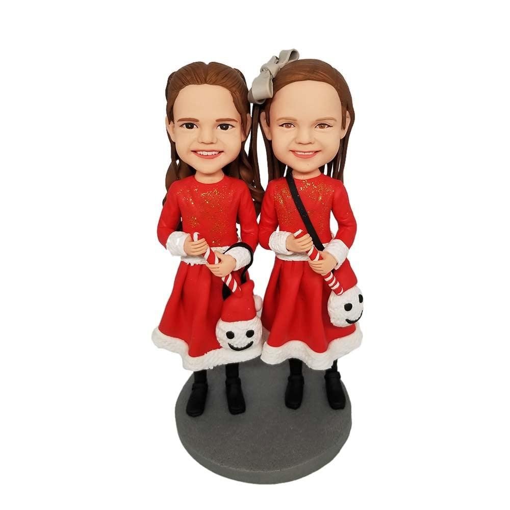 Custom Holiday Sister Bobblehead - Personalized Festive Figurine for Women, Made from Your Photo, Sister in Red Christmas Outfit, Handmade Clay Gift for Christmas Office Home Decor Collectible