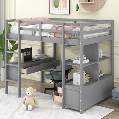 Quarte Versatile Wooden Twin Size Loft Bed with Built-in Desk and 3 Drawers,Storage Shelves and Guardrails,for Kids Boys Girls Teens Adults Bedroom Use (Gray@N)