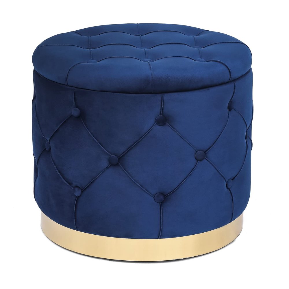 Adeco Round Storage Ottoman, Velvet Button Tufted Upholstered Bench with Removable Lid, Coffee Table Footrest Stool Seat for Living Room Bedroom Entryway (Blue)