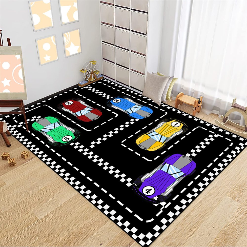 CAFCIOYG Race Car Rug for Kids Bedroom Play Mat, Car Carpet for Kids Race Track Rug for Boys Room with Roads and Tracks Track Carpet for Boys Room Decor, Black, 4'5'
