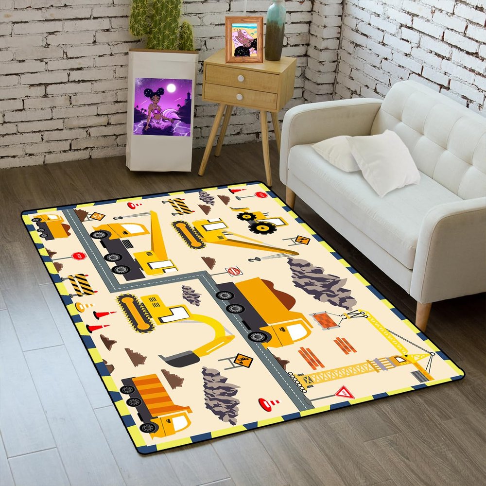 CAFCIOYG Construction Rugs for Boys Room Car Rug Play Mat Car Carpet for Kids Construction Decor for Boys Room Playroom Livingroom, 2'3'