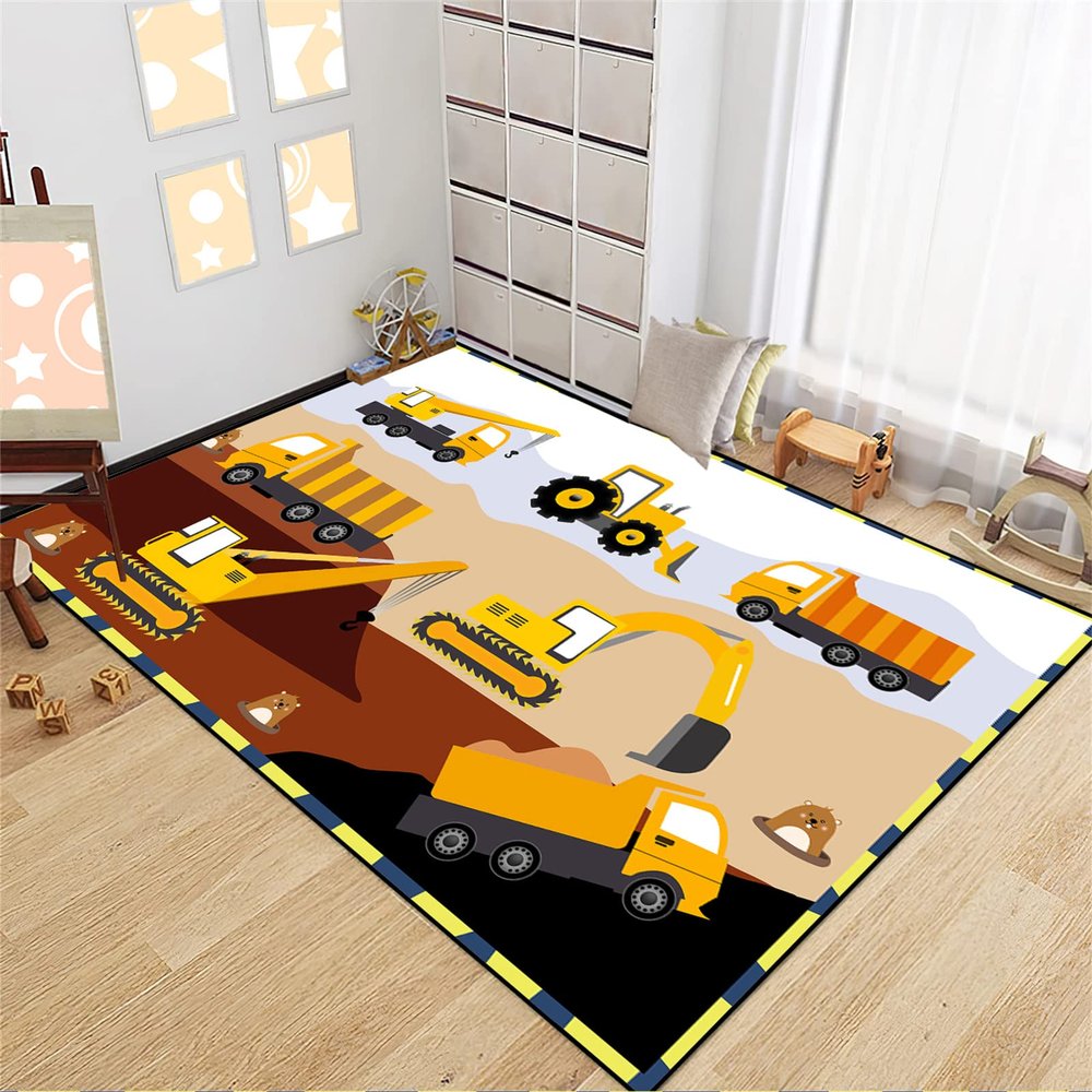 CAFCIOYG Construction Rug - Construction Rugs for Boys Room Play Mat, Funny Cartoon Truck Design Car Carpet for Kids Bedroom Playroom Playmat, 4'5'