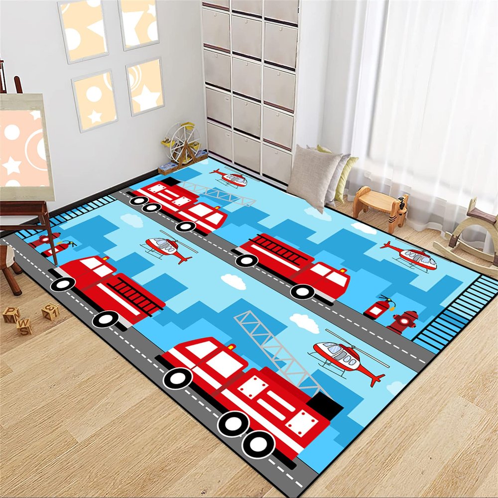 Car Rug for Boys Room - Fire Fighting Truck Rug for Kids Bedroom Car Carpet for Kids Playroom Play Mat Floor Mat for Bedroom Living Room, 3'5'