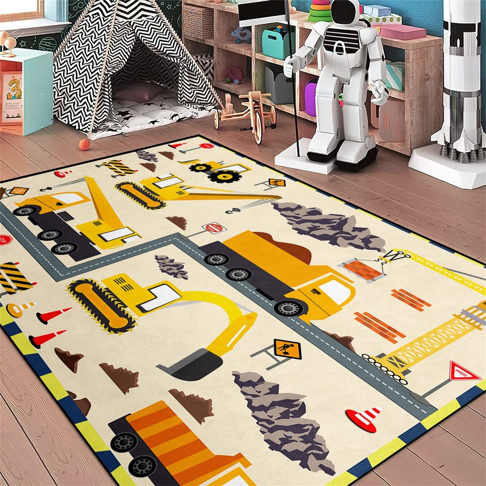 CAFCIOYG Construction Rugs for Boys Room Car Rug Play Mat Car Carpet for Kids Construction Decor for Boys Room Playroom Livingroom, 4'5''6'