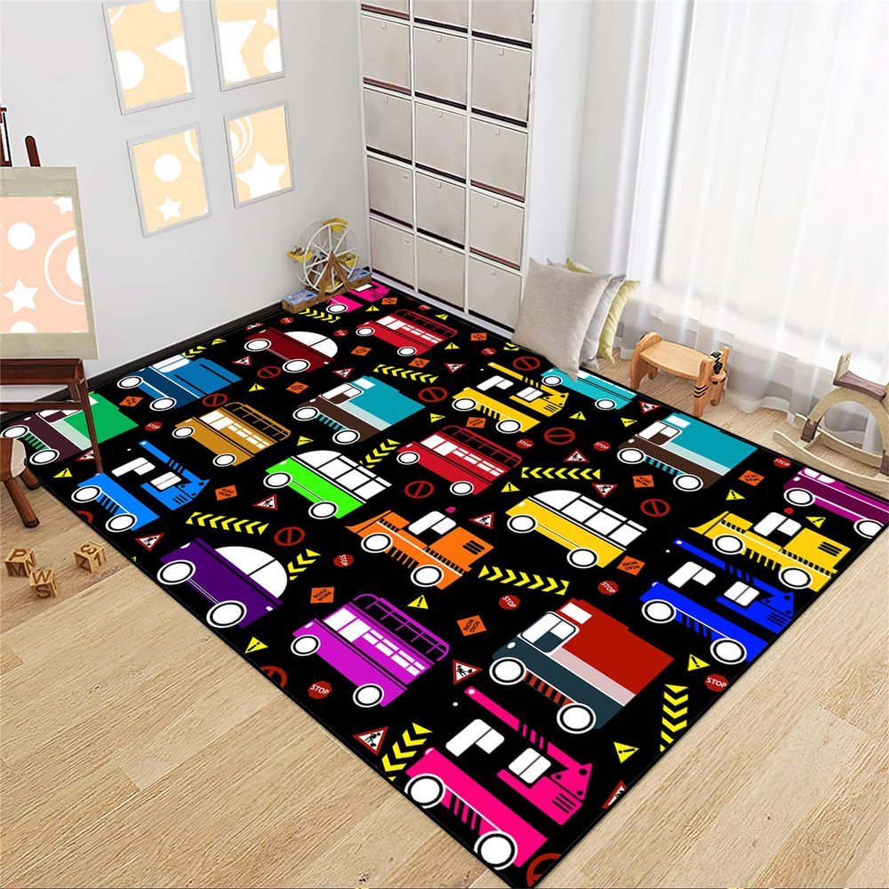 CAFCIOYG Car Carpet for Kids Bedroom Playroom Car Truck Rug for Boys Room Play Mat Construction Rugs for Boys Room Kids Carpet Playmat for Bedroom, Black, 4'5'
