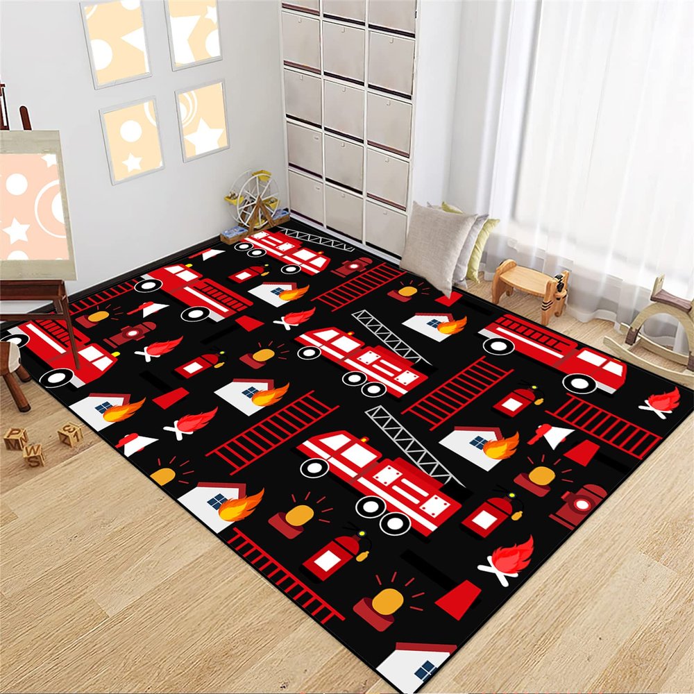 Car Rug for Boys Room - Fire Fighting Truck Rug for Kids Bedroom Car Carpet for Kids Playroom Play Mat Floor Mat for Bedroom Living Room, Black 5'7'