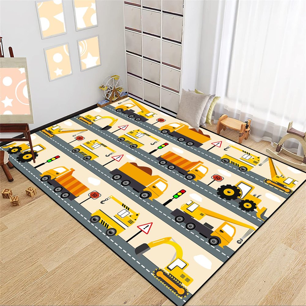 CAFCIOYG Construction Rugs for Boys Room Car Rug Play Mat Car Carpet for Kids Construction Decor for Boys Room Playroom Livingroom, 5'7'