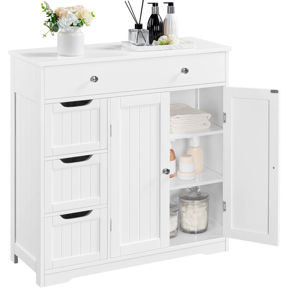 Topeakmart Bathroom Free-Standing Floor Cabinet, Practical Storage Cabinet with 4 Drawers and 2 Doors for Kitchen, Entrance Area, Living Room, Adjustable Shelves, Ample Space White