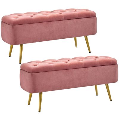 Yaheetech Ottoman with Storage 2pcs, Velvet Entryway Bench with Safety Hinge, Upholstered Bench with Seating for Bedroom, Living Room, Holds up to 519 lb, Pink