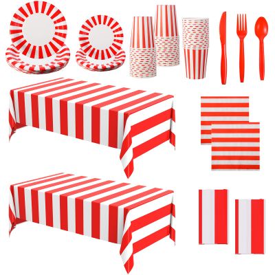 154 Pcs Carnival Table Party Supplies Set Red and White Stripe Tablecloth Disposable Circus Plates, Napkins, Cups, Forks, Spoon, Knifes for Carnival Halloween Birthday Party Decorations