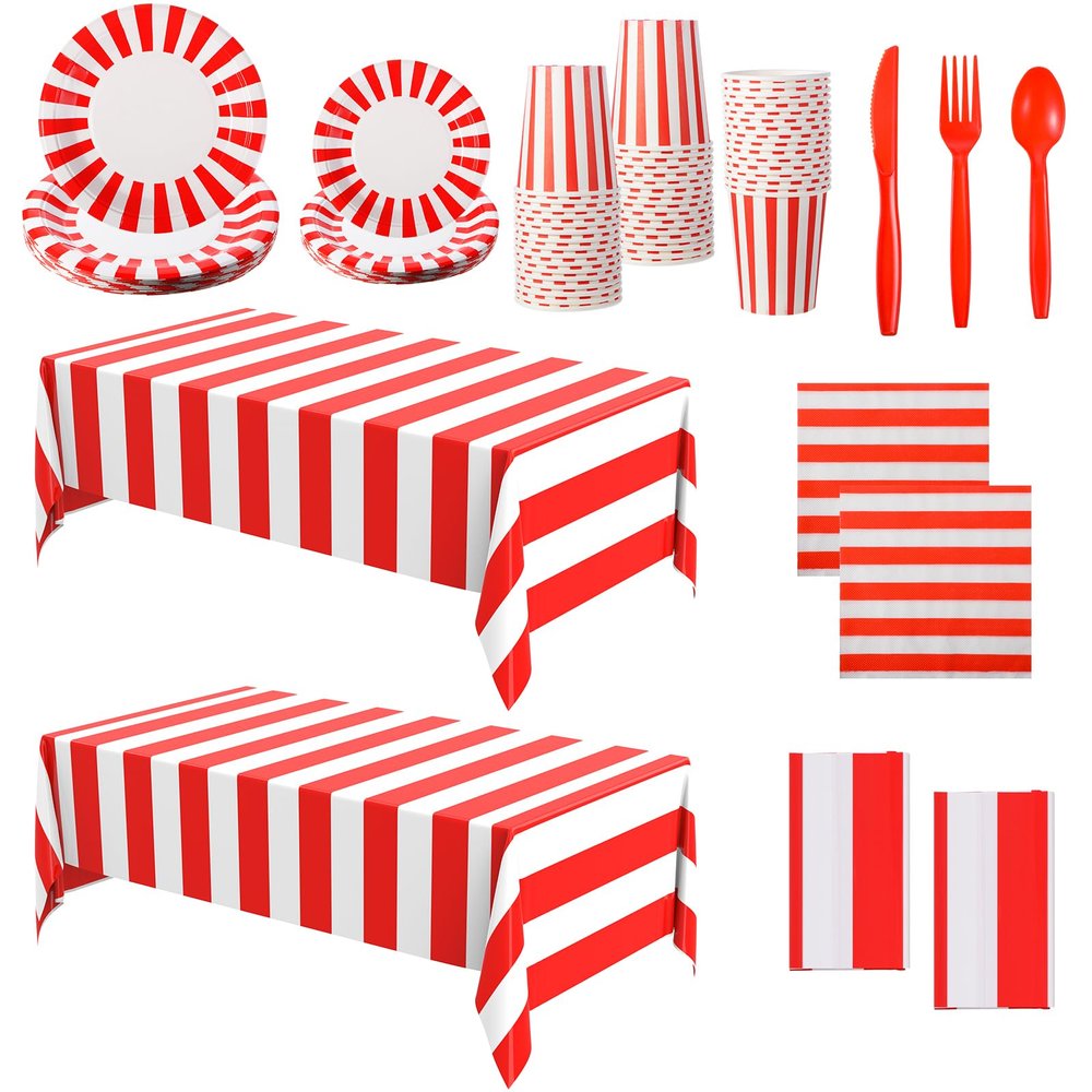 154 Pcs Carnival Table Party Supplies Set Red and White Stripe Tablecloth Disposable Circus Plates, Napkins, Cups, Forks, Spoon, Knifes for Carnival Halloween Birthday Party Decorations