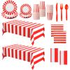 154 Pcs Carnival Table Party Supplies Set Red and White Stripe Tablecloth Disposable Circus Plates, Napkins, Cups, Forks, Spoon, Knifes for Carnival Halloween Birthday Party Decorations view 1
