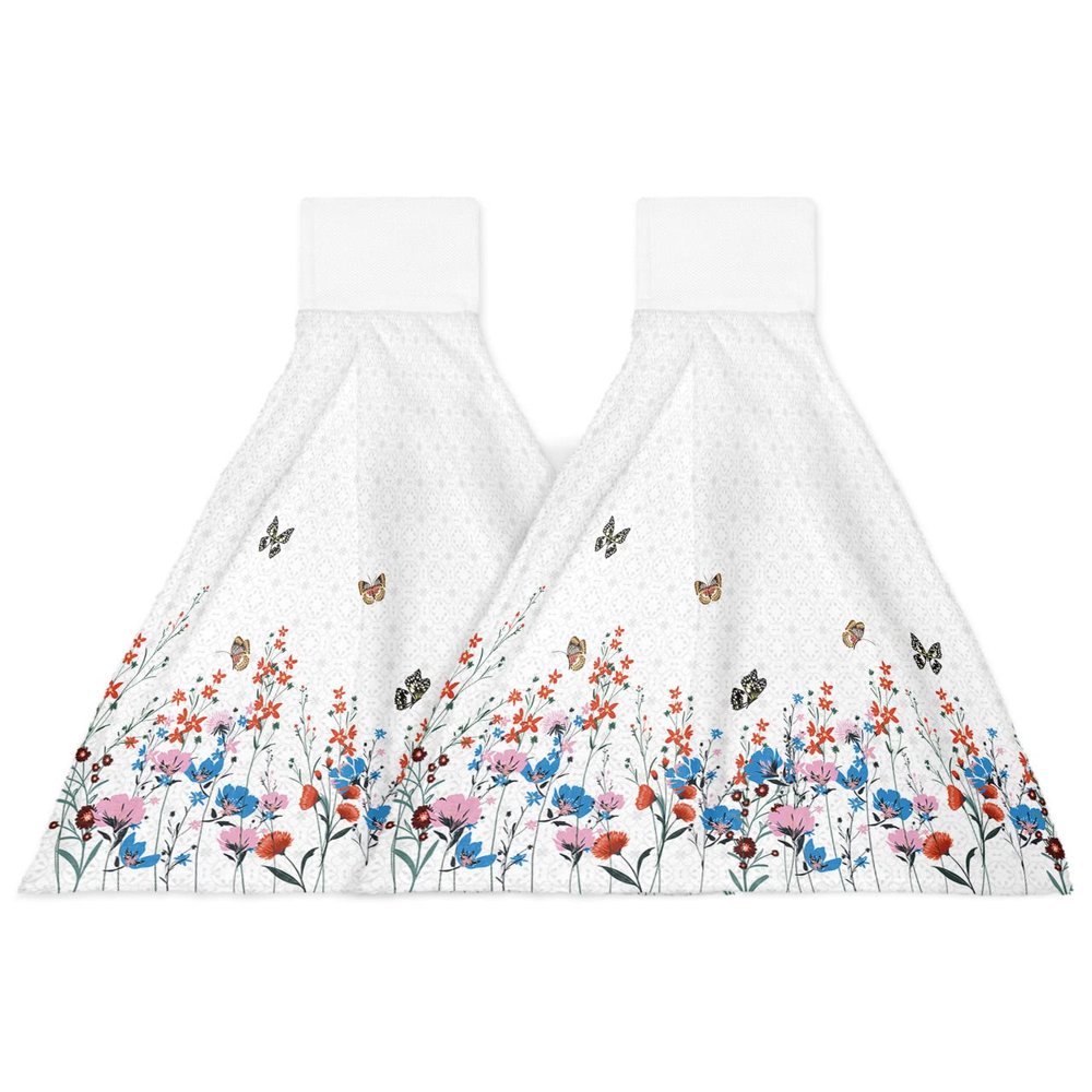 BOBOWUNY Spring Florals 2 Pcs Hanging Kitchen Hand Towels, Luxury European Butter-Fly Retro Flower Super Soft Microfiber Tie Towels Aborbent Washcloth for Bathroom Oven Tea Bar