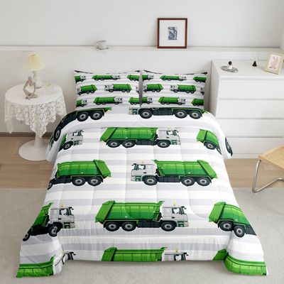 jejeloiu Garbage Truck Bedding Set Boys Cartoon Car Comforter Set for Kids Teens Ultra Soft Equipment Trucks Comforter Vehicles Green White Duvet Set Room Decor Full Size 3Pcs Quilt Set