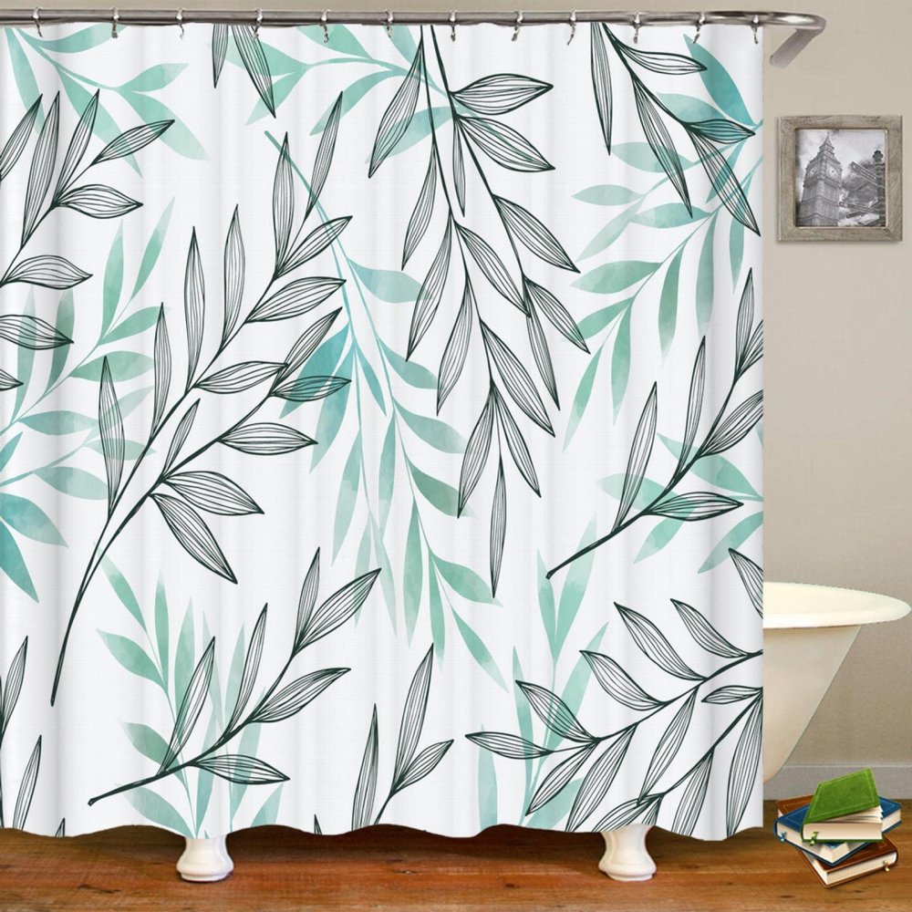 JIAMELUCK Green Plant Leaf Modern Minimalist Bathroom Shower Curtain Home Decor Curtain Waterproof Fabric Curtains with Hook 300x180cm(118" Wx71 H)