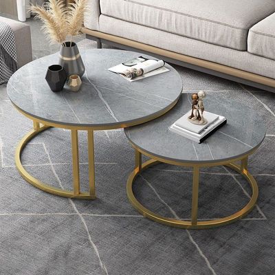 CraftThink Coffee Table Set, Contemporary Round Nesting Table Side Table End Table Stone Frame Without Drawers for Living Room, 27.5" L x 27.5" W x 18" H + 19.5" L x 19.5" W x 15" HGrey & Gold