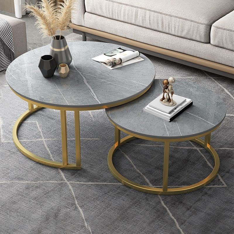 CraftThink Coffee Table Set, Contemporary Round Nesting Table Side Table End Table Stone Frame Without Drawers for Living Room, 27.5" L x 27.5" W x 18" H + 19.5" L x 19.5" W x 15" HGrey & Gold