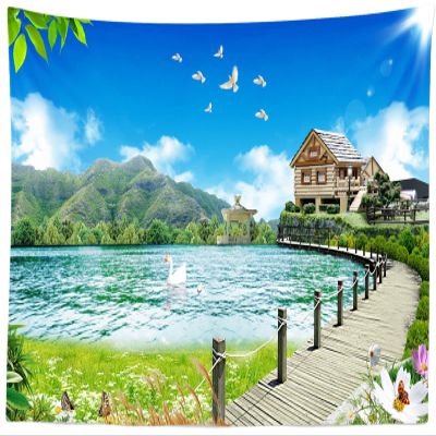 BELECO Mountain Lake Tapestry 118x78 Inch Lakeside Nature Tapestry Green Mountain Lake Wooden House Bridge White Dove Spring Landscape Tapestry Wall Hanging Decor Tapestry for Bedroom Living Room