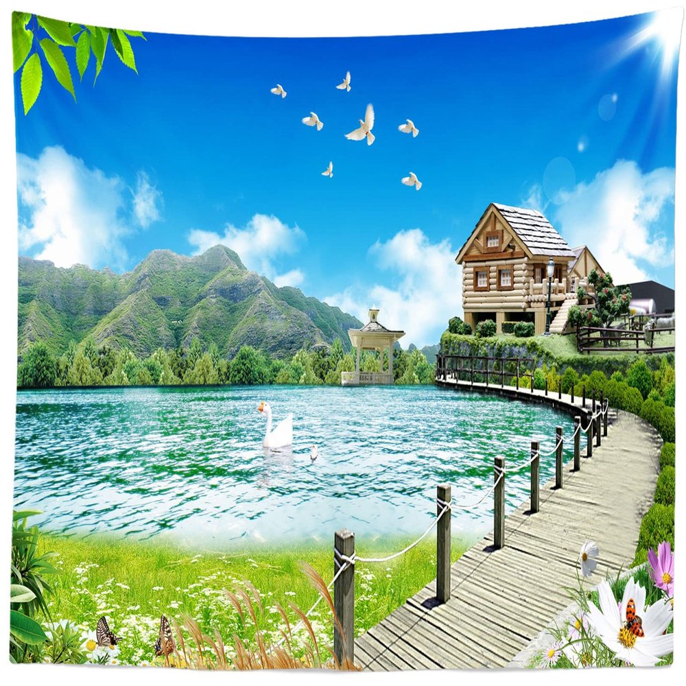 BELECO Mountain Lake Tapestry 118x78 Inch Lakeside Nature Tapestry Green Mountain Lake Wooden House Bridge White Dove Spring Landscape Tapestry Wall Hanging Decor Tapestry for Bedroom Living Room