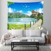 BELECO Mountain Lake Tapestry 118x78 Inch Lakeside Nature Tapestry Green Mountain Lake Wooden House Bridge White Dove Spring Landscape Tapestry Wall Hanging Decor Tapestry for Bedroom Living Room view 3