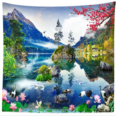 BELECO Lake Mountain Scenery Tapestry Asian Style Nature Tapestry Forest Blue Lake Crane Lotus Spring Flowers Landscape Tapestry Blanket for Bedroom Living Room Dorm Decor
