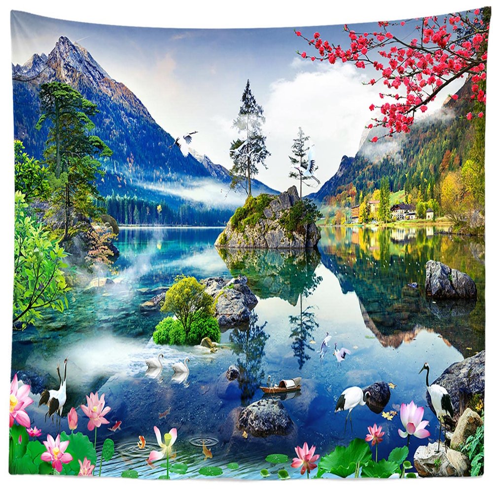 BELECO Lake Mountain Scenery Tapestry Asian Style Nature Tapestry Forest Blue Lake Crane Lotus Spring Flowers Landscape Tapestry Blanket for Bedroom Living Room Dorm Decor