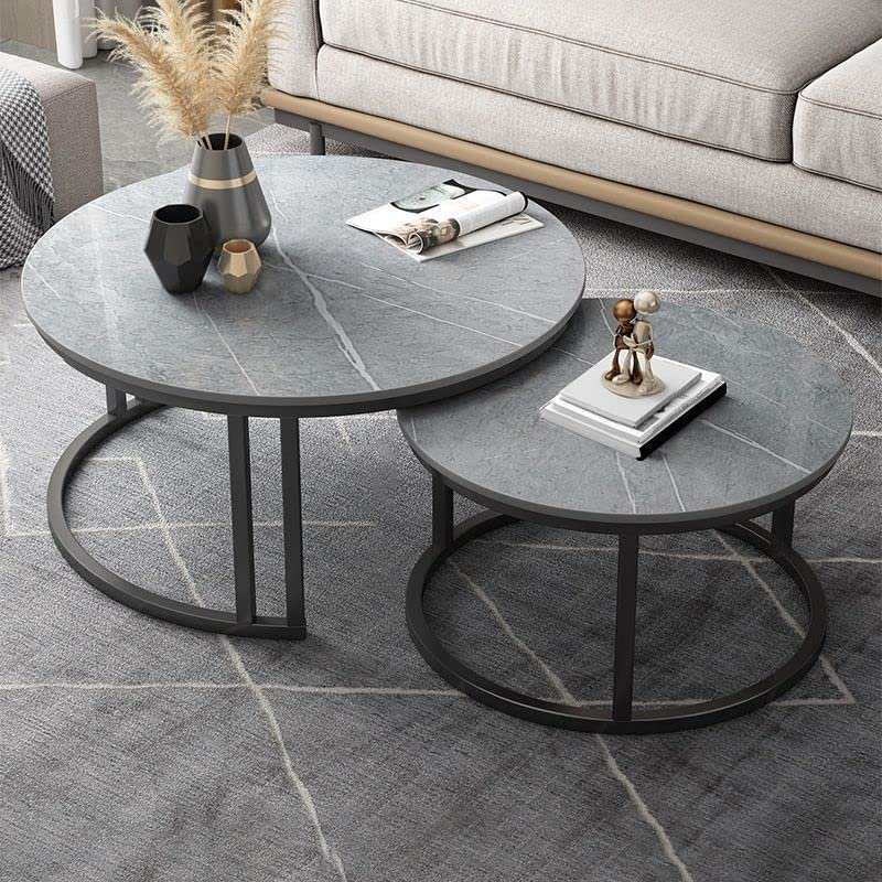 CraftThink Coffee Table Set, Contemporary Round Nesting Table Side Table End Table Stone Frame Without Drawers for Living Room, 27.5" L x 27.5" W x 18" H + 19.5" L x 19.5" W x 15" HGrey & Black