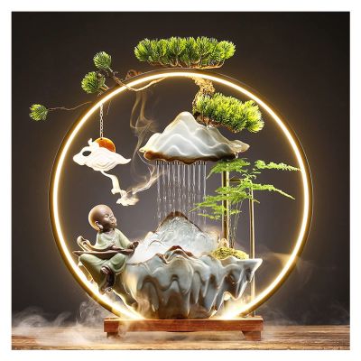 AFGZQ Tabletop Fountain Waterscape Smoke Fountain Chinese Aromatherapy Stove Lamp Ring Ceramics Rockery Waterfall, Creative Lucky Ornament (Color : Style 3)