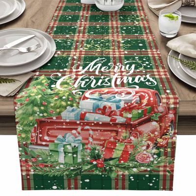 Table Runner Dresser Scarves, Merry Christmas Truck Xmas Tree Red Green Lattice Table Runners 13x108 Inches Long,Non-Slip Washable Kitchen Dining Coffee Table Decor for Farmhouse Party Holiday Dinner