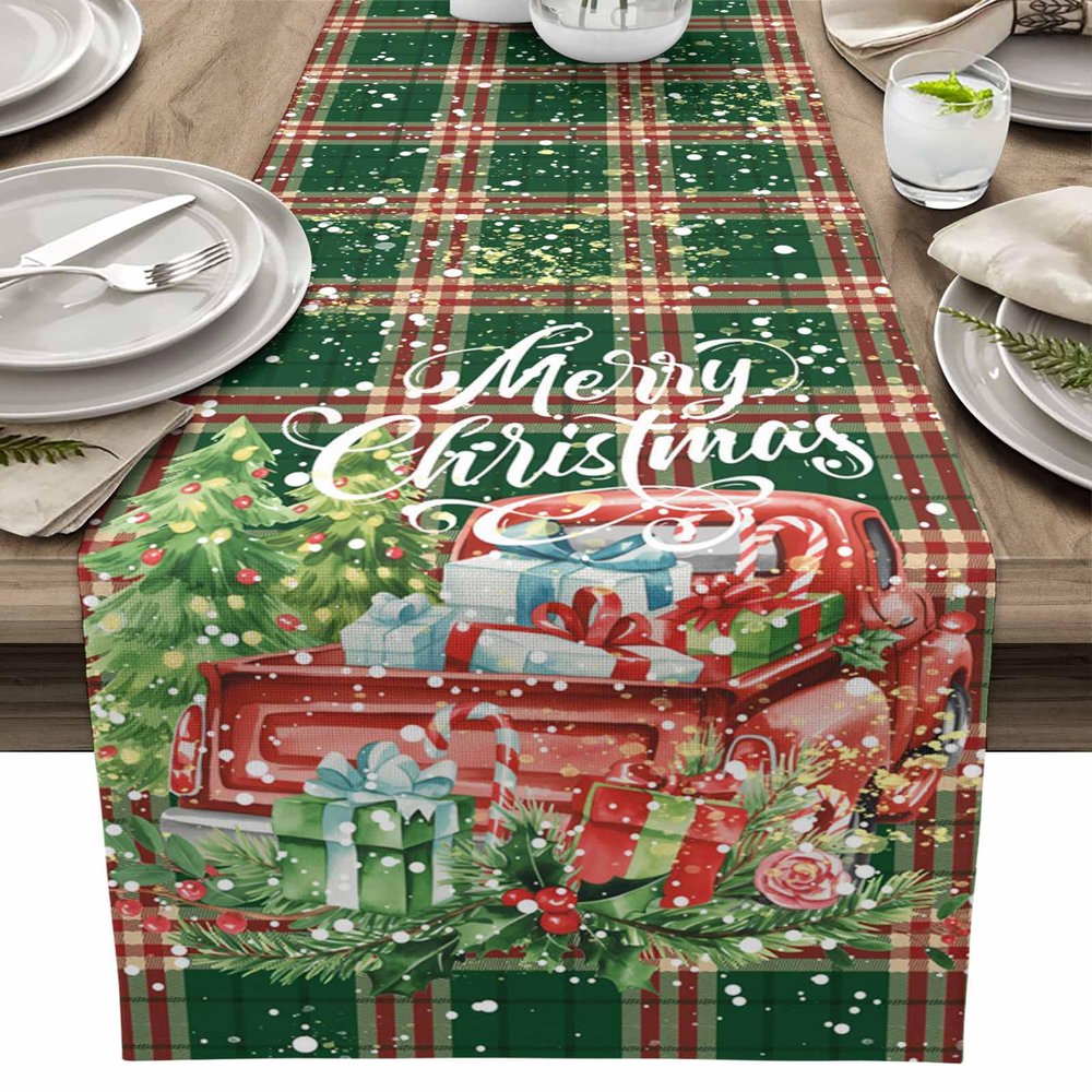 Table Runner Dresser Scarves, Merry Christmas Truck Xmas Tree Red Green Lattice Table Runners 13x108 Inches Long,Non-Slip Washable Kitchen Dining Coffee Table Decor for Farmhouse Party Holiday Dinner