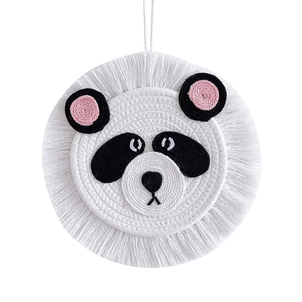 Hand Woven Knitted Animal Head Wall Hanging Macrame Woven Crafted Animal Head Pendant Wall Art Cute Cartoon Panda Head with Tassels for Adults Home Bedroom Nursery Decoration (Panda Design)