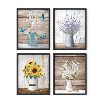 HAUS AND HUES Flower Wall Decor - Set of 4 Floral Wall Art, Framed Flower Painting, Floral Pictures for Kitchen, Bedroom, Living Room (Framed Black 11x14)