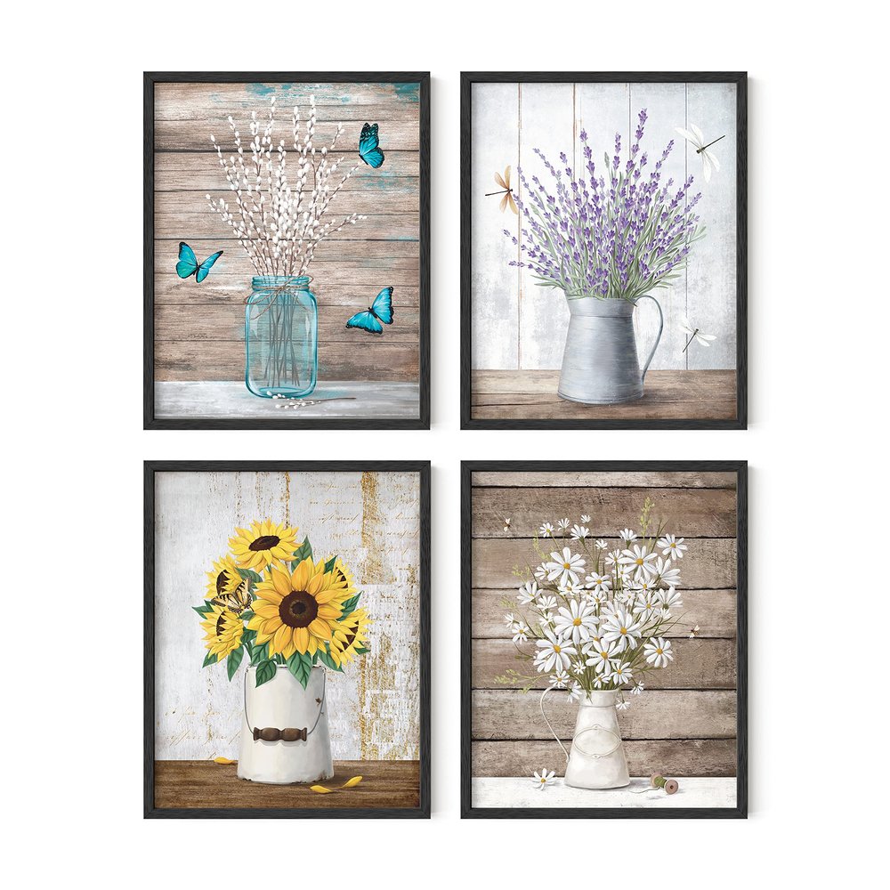 HAUS AND HUES Flower Wall Decor - Set of 4 Floral Wall Art, Framed Flower Painting, Floral Pictures for Kitchen, Bedroom, Living Room (Framed Black 11x14)
