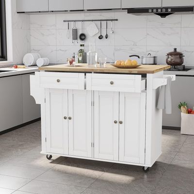 Squireewo Kitchen Cart with Wood Top and Drop Leaf Breakfast Bar, Rolling Mobile Kitchen Island Table on Wheels with Drawer and Storage Cabinet, Spice Rack, Towel Rack, White