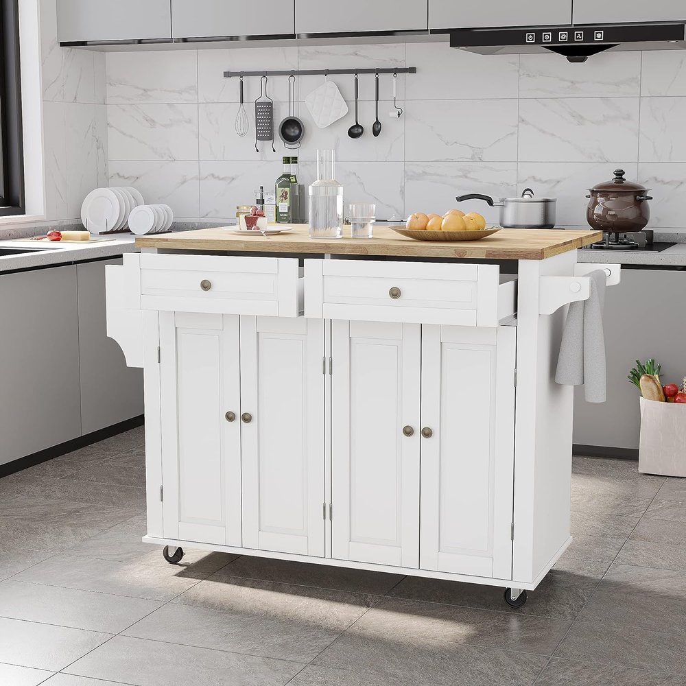 Squireewo Kitchen Cart with Wood Top and Drop Leaf Breakfast Bar, Rolling Mobile Kitchen Island Table on Wheels with Drawer and Storage Cabinet, Spice Rack, Towel Rack, White