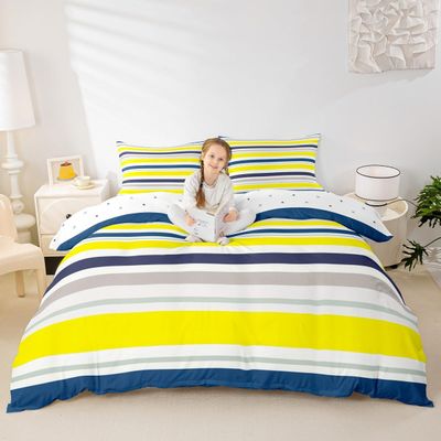 Geometric Lines Patchwork Kids Duvet Cover Set King Size,Stripes Abstract Art Style Bedding Set,Girls Boys Adults Room Decor,Modern Stylish Comforter Cover,White Yellow Quilt Cover,2 Pillowcases