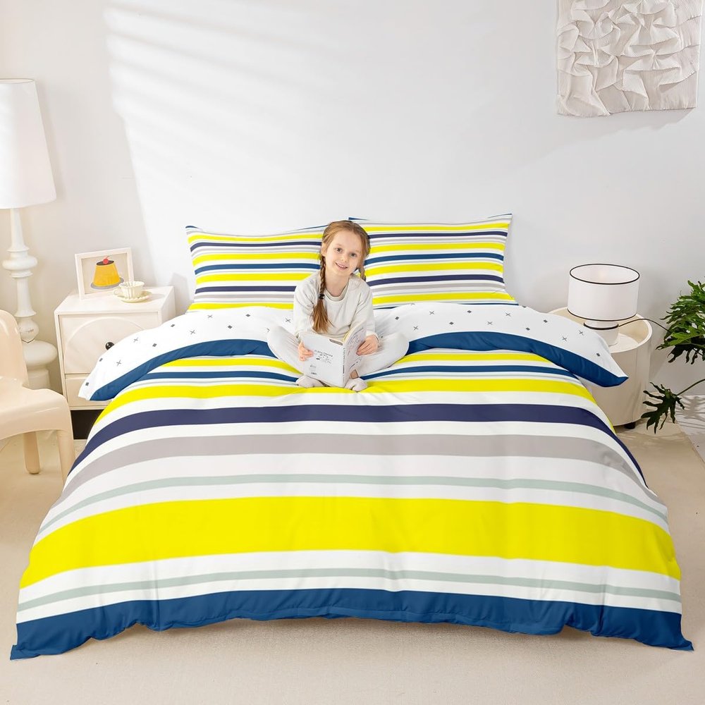 Geometric Lines Patchwork Kids Duvet Cover Set King Size,Stripes Abstract Art Style Bedding Set,Girls Boys Adults Room Decor,Modern Stylish Comforter Cover,White Yellow Quilt Cover,2 Pillowcases