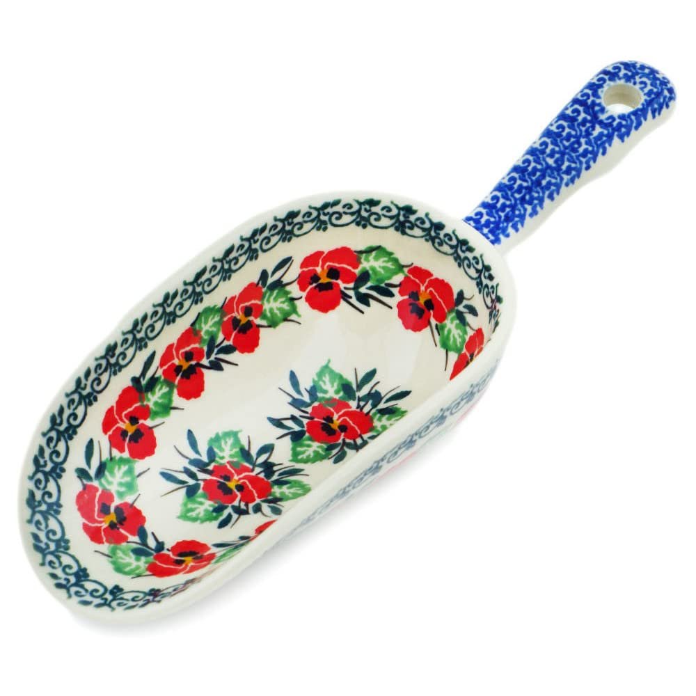 Polmedia Polish Pottery Scoop - Red Pansy Pattern Handmade in Boleslawiec Poland by Ceramika Artystyczna + Certificate of Authenticity