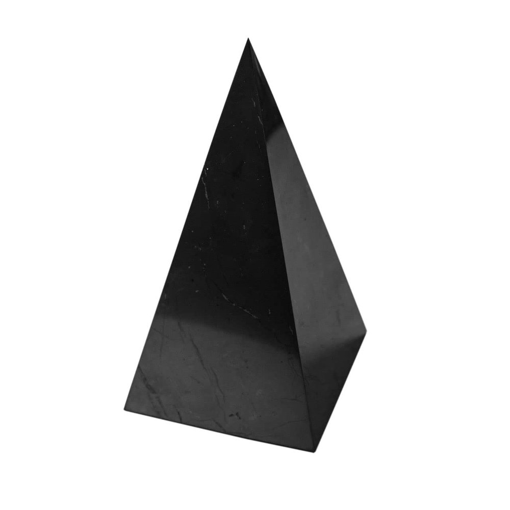 Authentic Shungite Pyramid Polished 4"(10 cm), Premium Protection Crystals for House & Office, Karelian Black Stone Energy Pyramid for Root Chakra Meditation, Grounding & Negative Energy Blocker