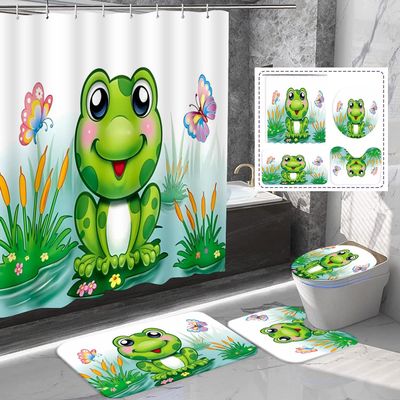 Amagical 4Pcs Green Funny Frog Shower Curtain Set with Bathroom Mat Set,Frog Sits on Leaf Decor Kids Bath Tub Mat Contour Mat Toilet Cover and Shower Curtain