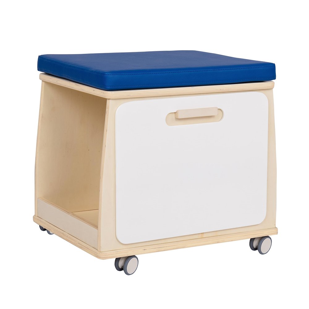 Childrens Factory Mobile Teacher Stool with Storage, Birch-Ply Wood, Blue Cushion, Kids Playroom and Classroom Must Haves, Assembly Required